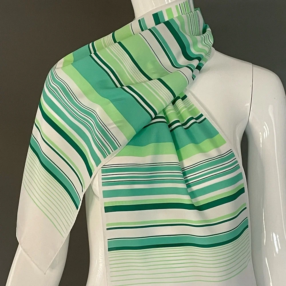 Super Cute Vintage Greens Stripes Poly Scarf 10 In by 46 Exc Condition